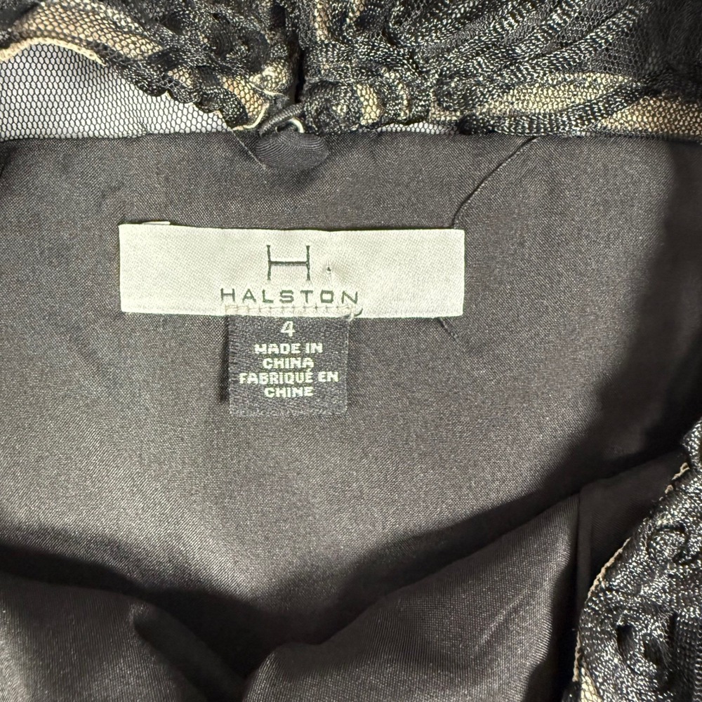 Halston Black Floral Embroidered Mesh Ruffle Hem Cocktail Dress Size 4 Cap - Picture 3 of 8